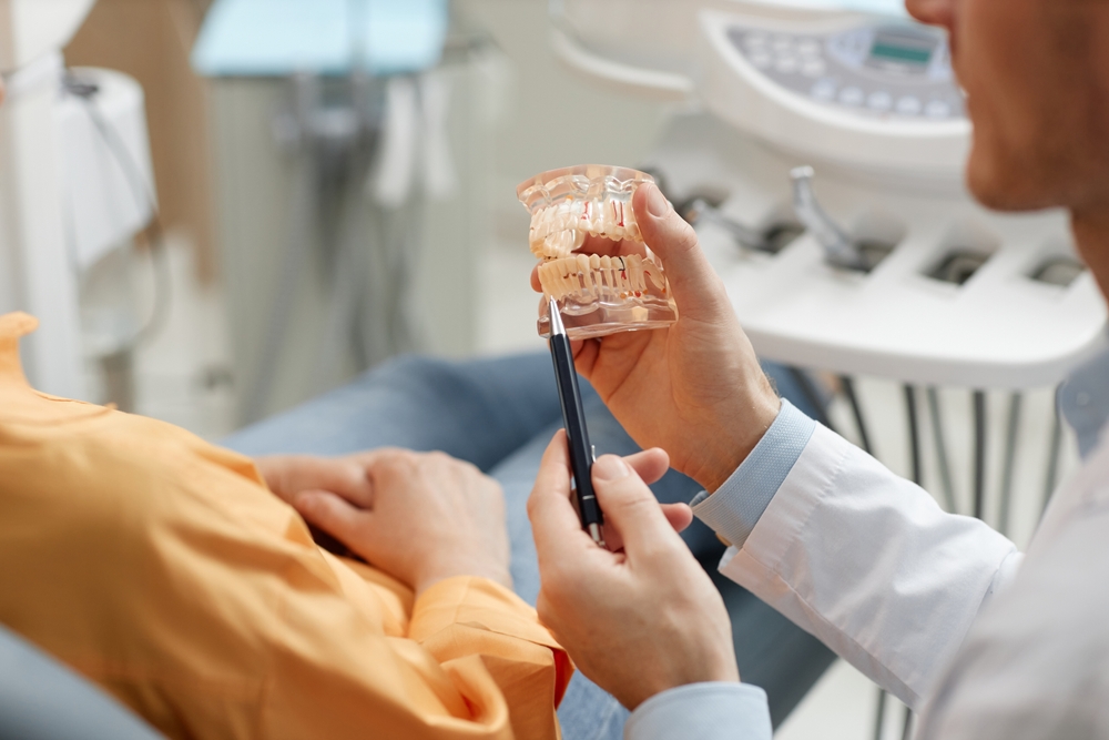 dentist showing a teeth model - Dental Implants in Federal Way WA dentist showing a teeth model - Dental Implants in Federal Way WA